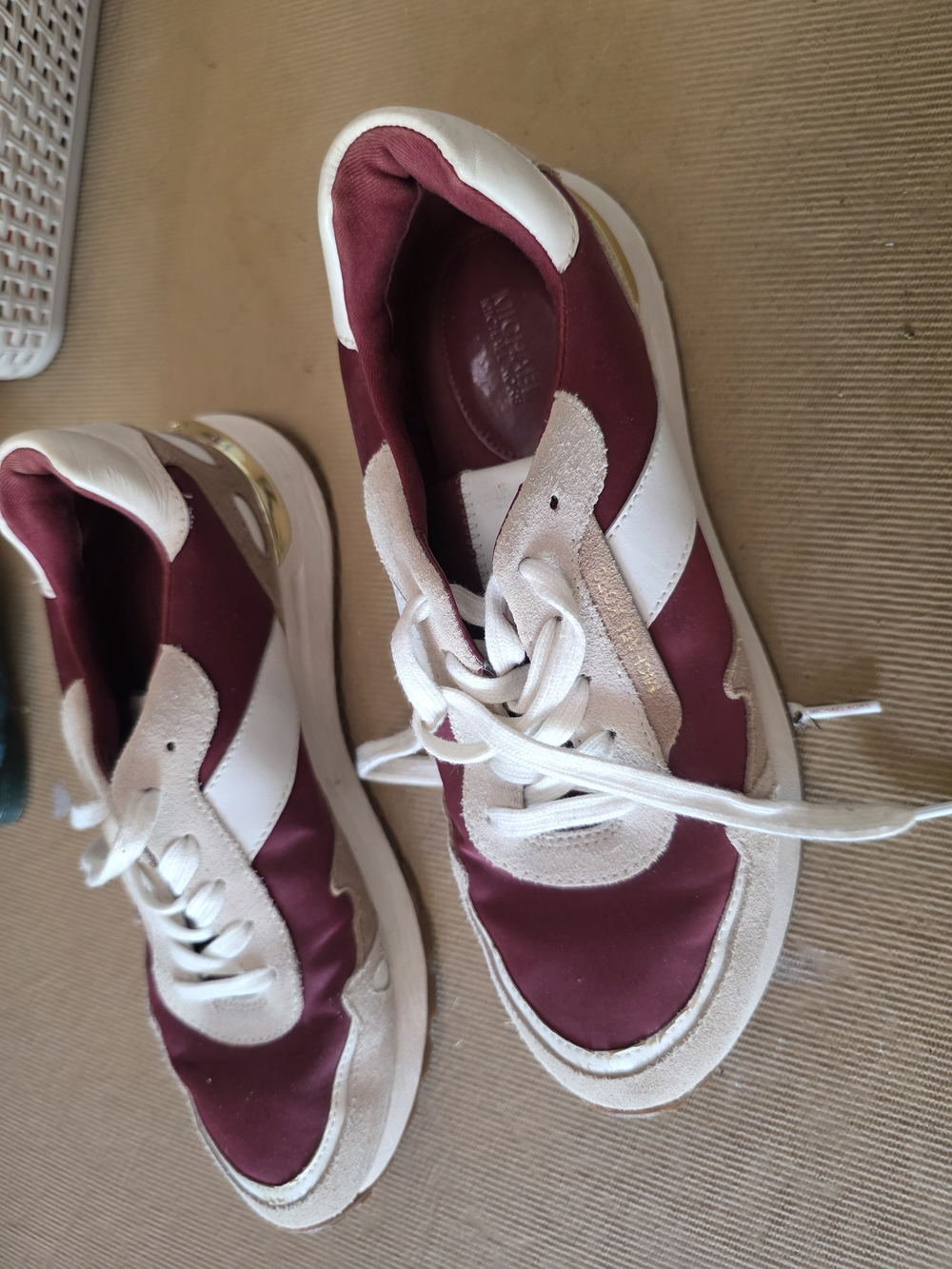 Michael Kors Burgundy and White Lace-Up Sneakers with Gold Accent